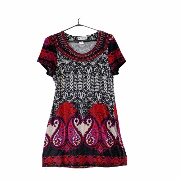Papillion Dresses & Skirts - Papillon Red Short Sleeve Dress Mixed Print Sz L